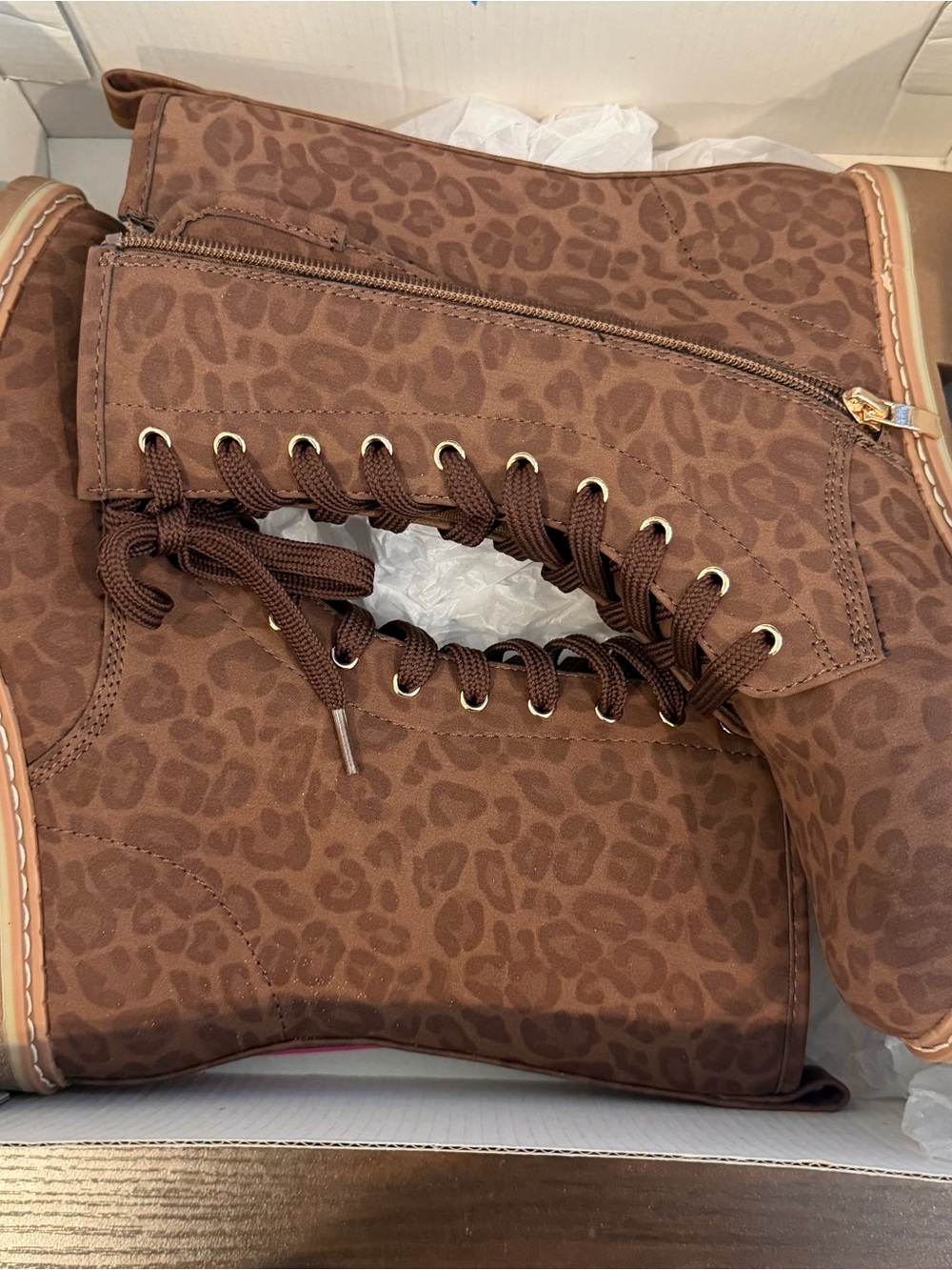 Women's Brown Leopard-Print Combat Boots with Side Zip